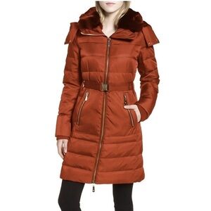 Vince Camuto Parka Belted Down Puffer Coat Faux Fur Hooded Medium Rust Jacket